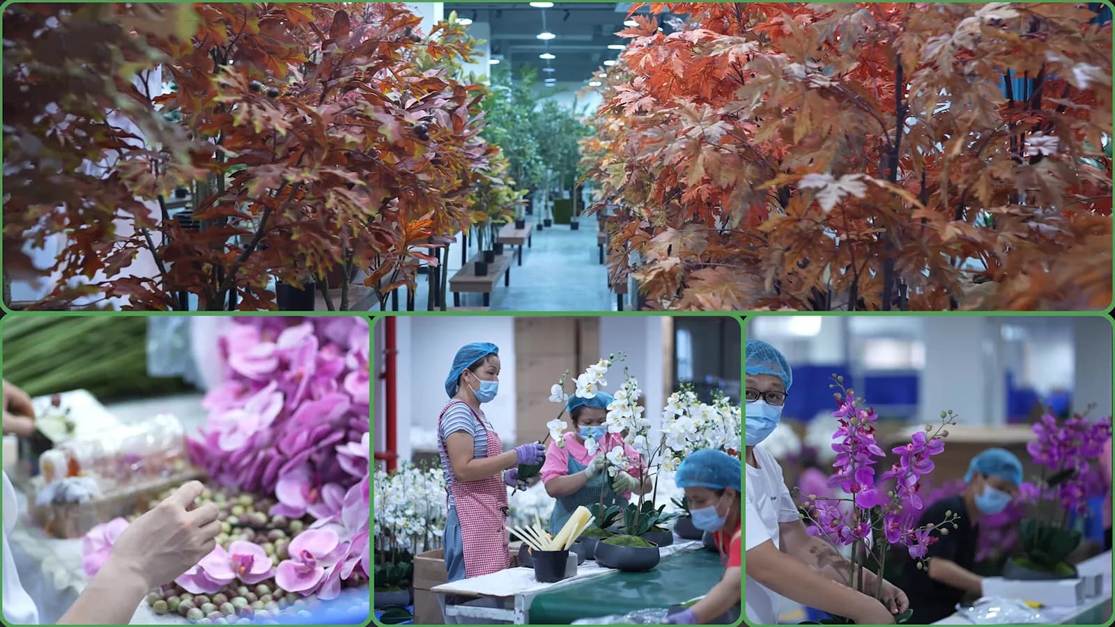 Silvanest main-site montage of artificial trees, flower arrangements, and floral assembly